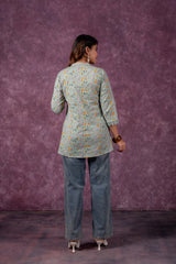 Sage Green Blossom Printed Short Peplum Kurti with Lace Sleeves
