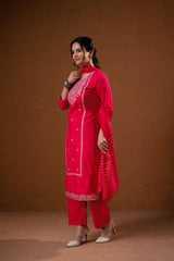 Fuchsia,Zari Embroidered Straight Kurta Set with Matching Pant & Dupatta