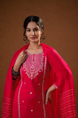 Fuchsia,Zari Embroidered Straight Kurta Set with Matching Pant & Dupatta