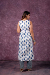 Indigo Leaf Printed Sleeveless Long Kurta