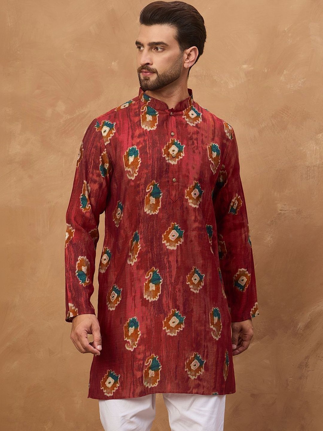 Ethnic Bay Men Red Viscose Rayon Ethnic Motifs Printed Straight Kurta With Pant Set-MKSET1544