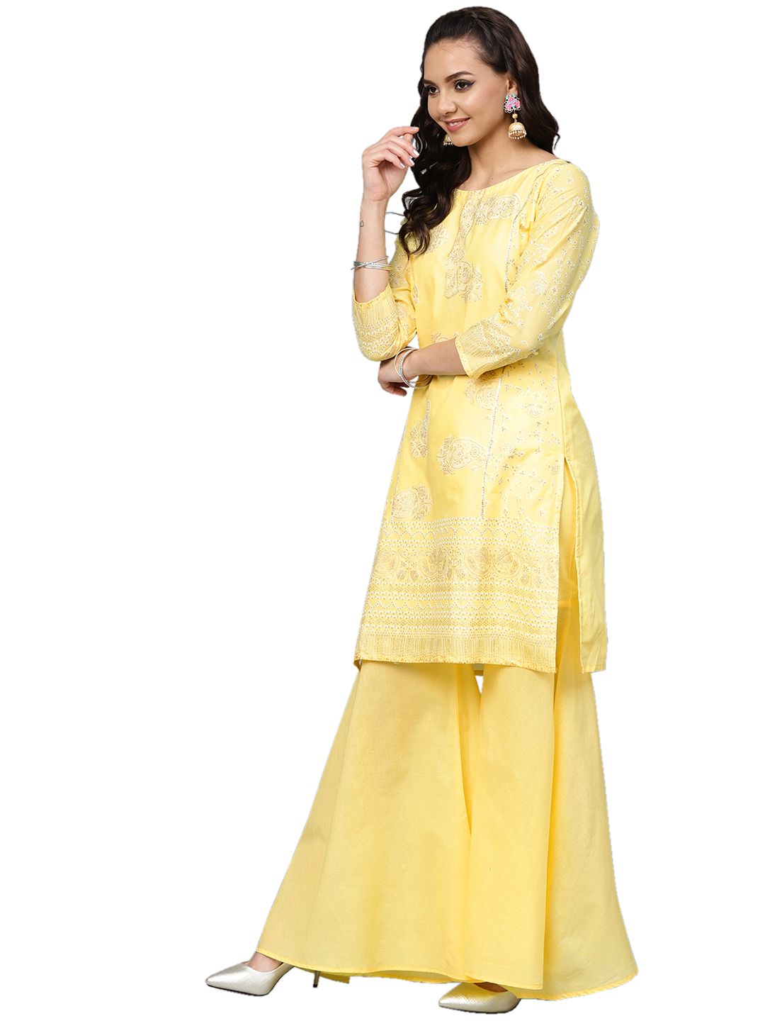 Yellow Glitter Print Sharara Set | Women's Kurta Sharara Suit