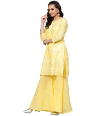 Women's Cotton Blend Yellow Glitter Print Kurta Sharara Set With Dupatta-AHKUDUGH-Combo-131