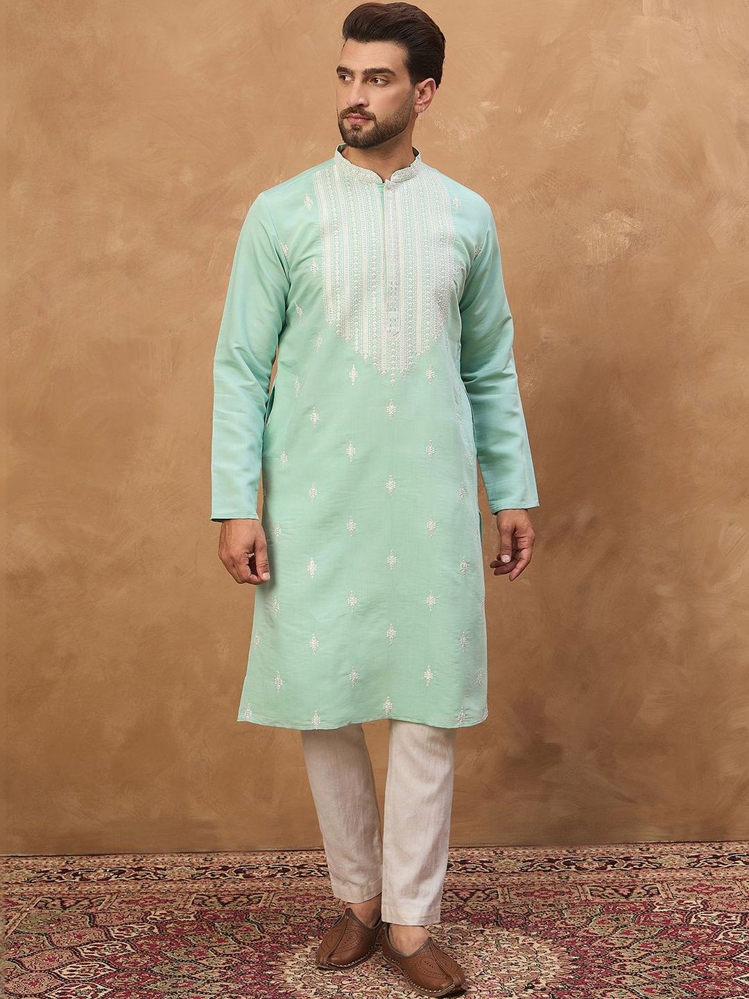 Ethnic Bay Men Blue Silk Blend Solid Embroidered Straight Kurta With Pant Set-MKSET1511