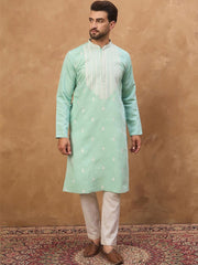 Ethnic Bay Men Blue Silk Blend Solid Embroidered Straight Kurta With Pant Set-MKSET1511