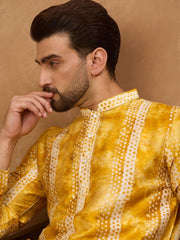 Ethnic Bay Men Yellow Silk Blend Shibori Embroidered Straight Kurta With Pant Set-MKSET1540