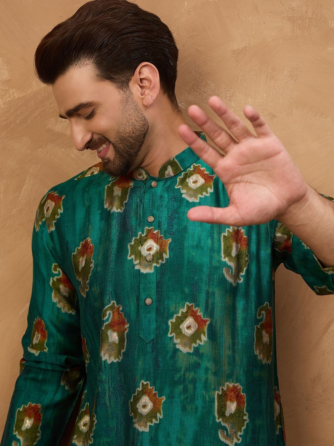 Ethnic Bay Men Teal Viscose Rayon Ethnic Motifs Printed Straight Kurta With Pant Set-MKSET1541