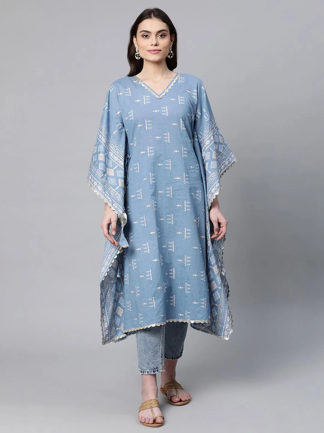 Blue Pure Cotton Printed Kaftan Kurta-AHKFCODCGPDS-6047