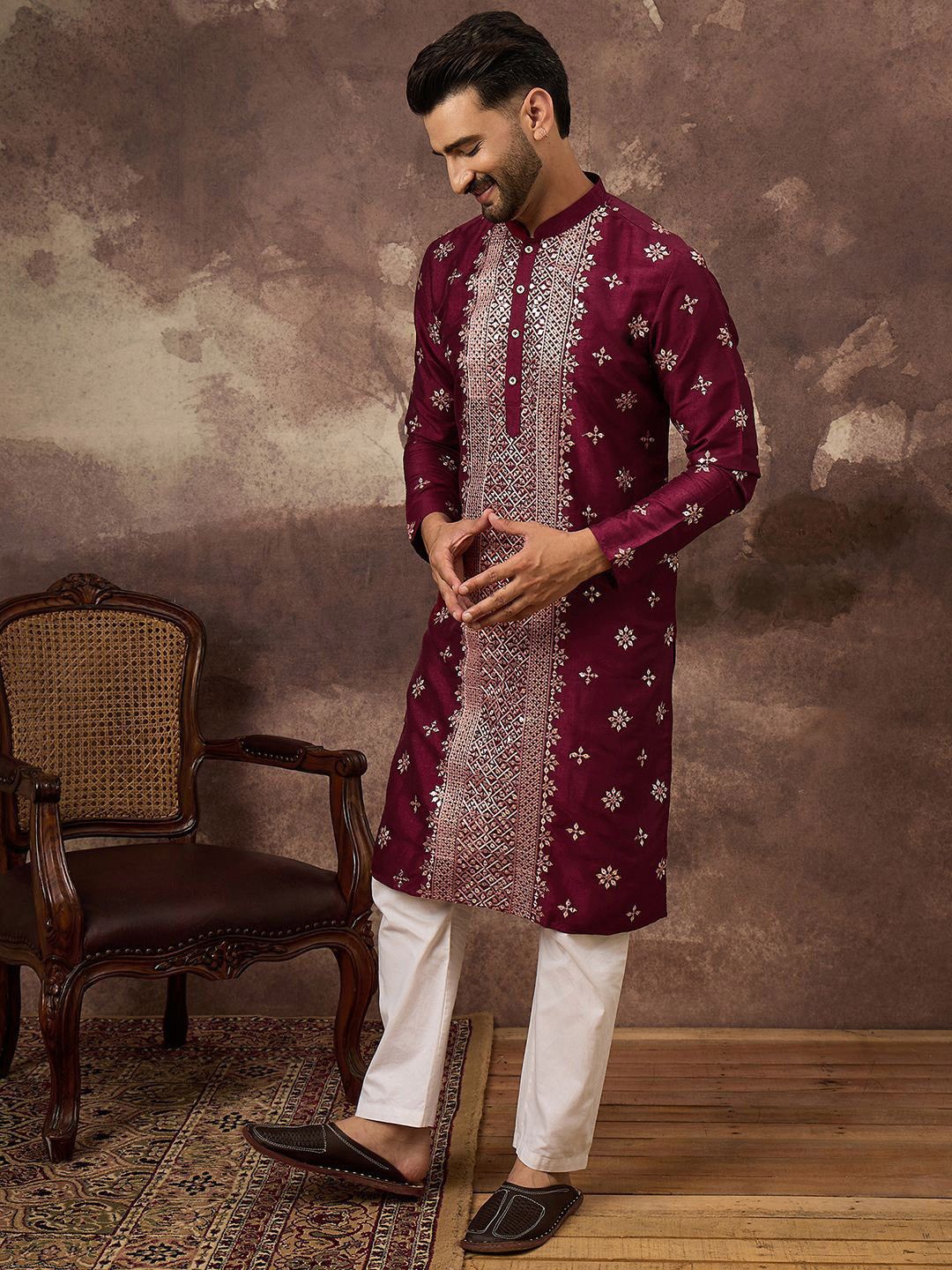 Ethnic Bay Men Maroon Silk Blend Solid Embroidered Straight Kurta With Pant Set-MKSET1369