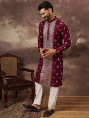 Ethnic Bay Men Maroon Silk Blend Solid Embroidered Straight Kurta With Pant Set-MKSET1369