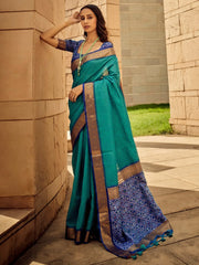 Women's Cotton Blend Light Blue Woven Design Designer Saree With Blouse Piece-PRISA135903
