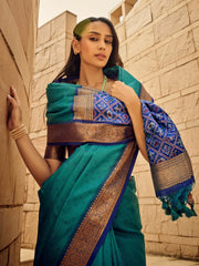 Women's Cotton Blend Light Blue Woven Design Designer Saree With Blouse Piece-PRISA135903