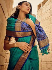 Women's Cotton Blend Light Blue Woven Design Designer Saree With Blouse Piece-PRISA135903