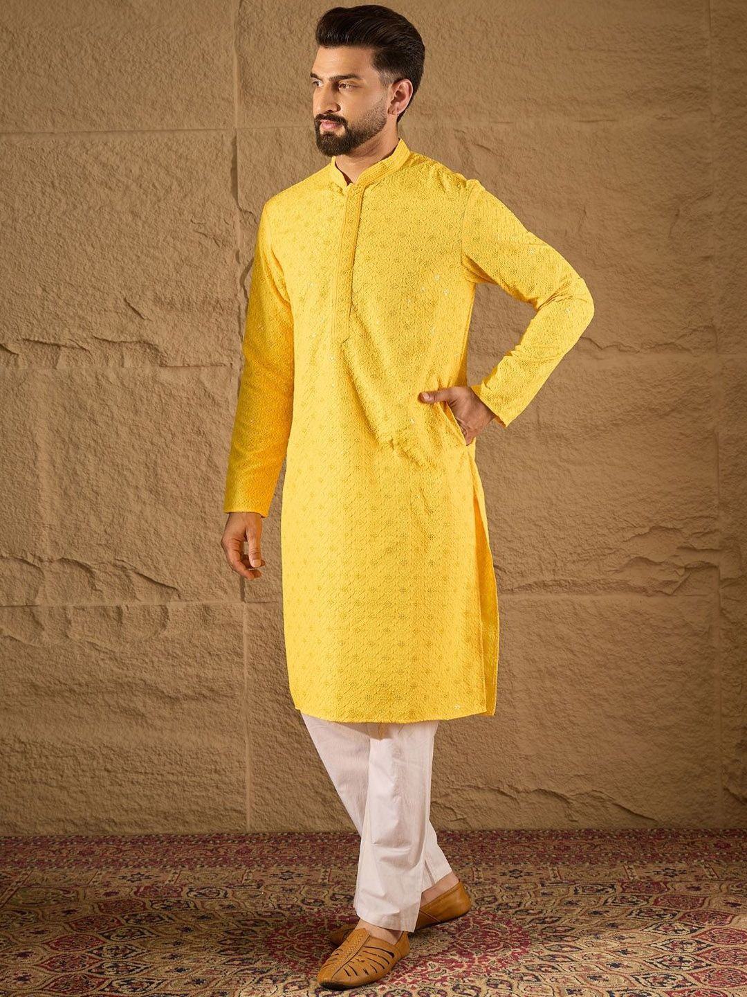 Ethnic Bay Men Yellow Viscose Rayon Solid Embroidered Straight Kurta With Pant Set-MKSET1212