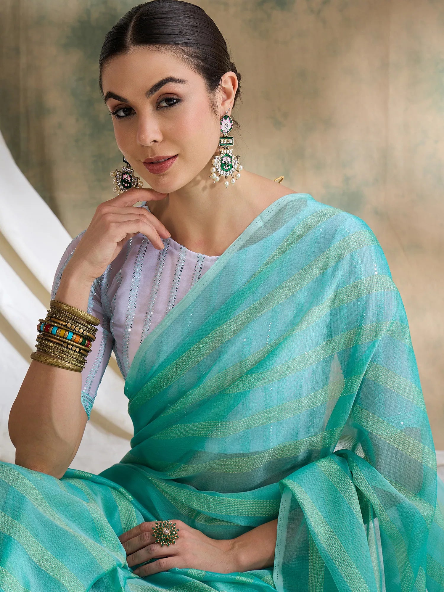 Sea Green Embellished Indian Sari - Designer Sarees India