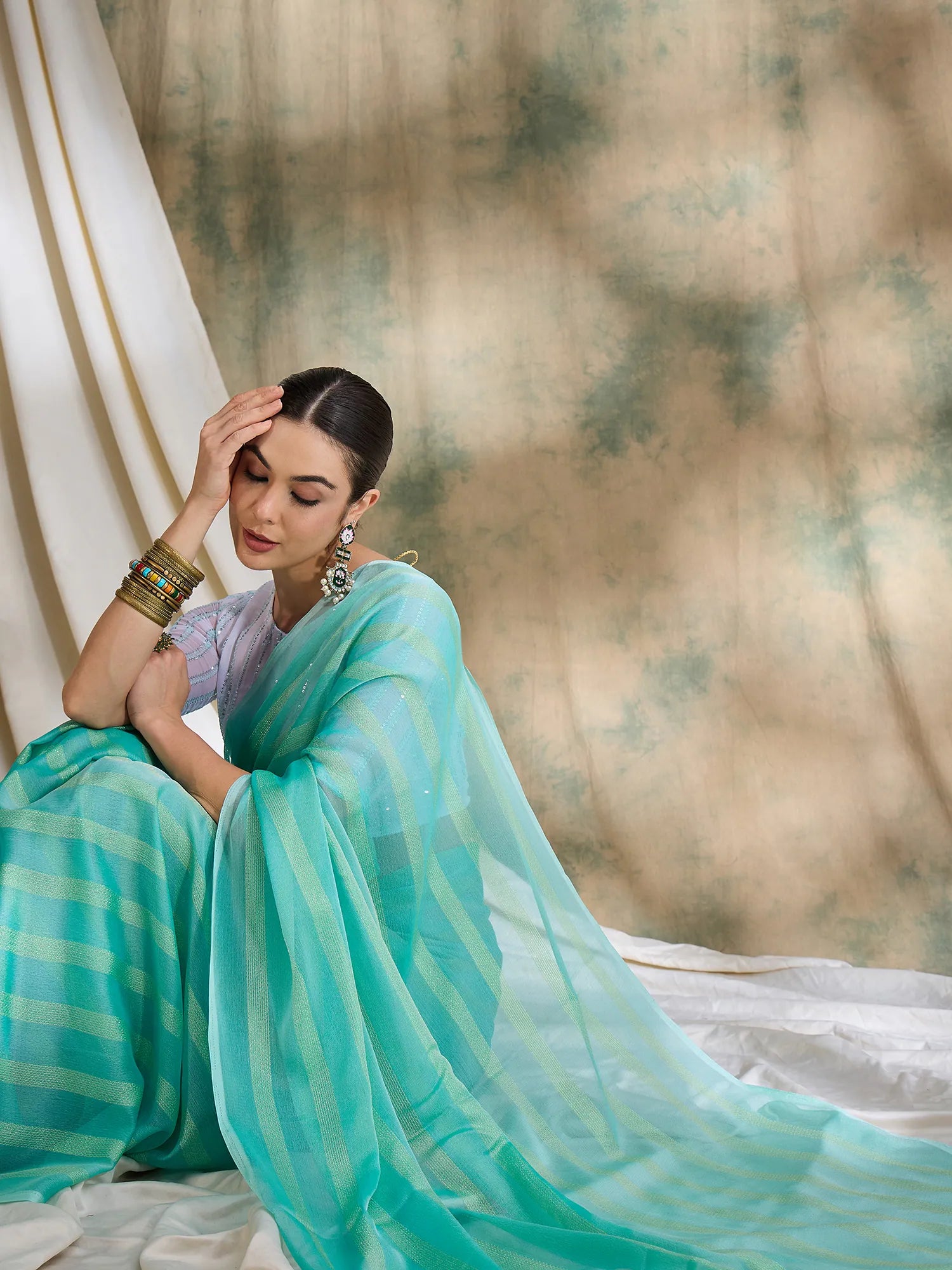 Sea Green Embellished Indian Sari - Designer Sarees India