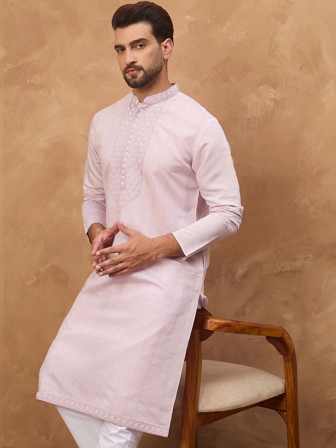 Ethnic Bay Men Lavender Silk Blend Solid Embroidered Straight Kurta With Pant Set-MKSET1449