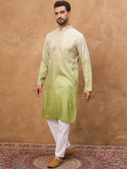Ethnic Bay Men Green Silk Blend Solid Embroidered Straight Kurta With Pant Set-MKSET1488