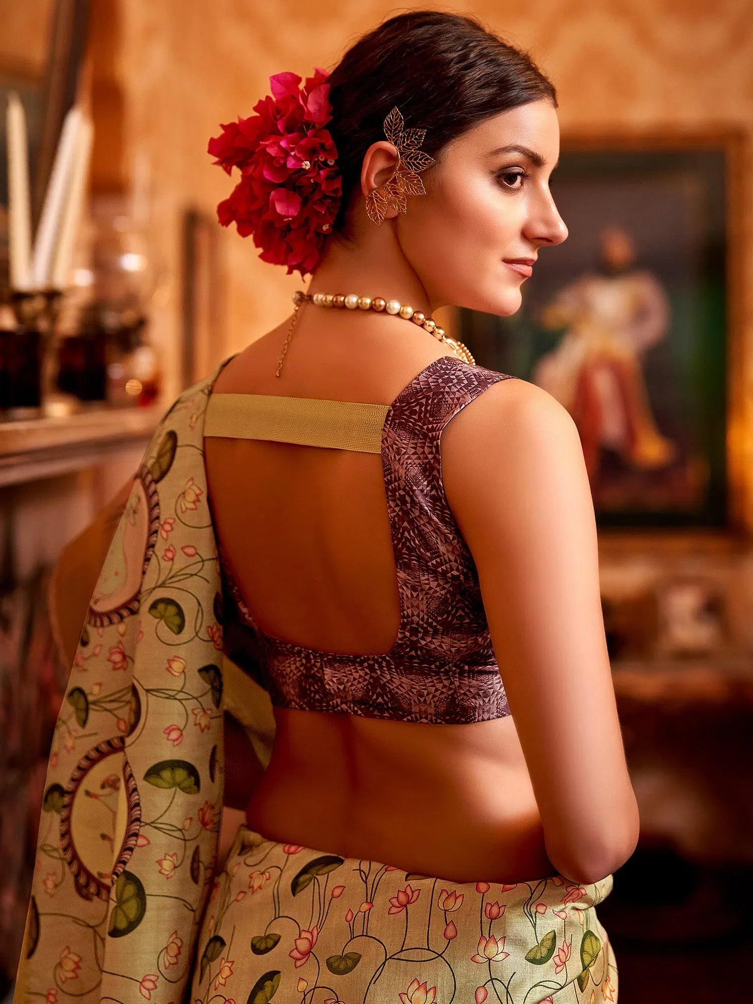 Elegant Beige Printed Polyester Saree | Designer Sarees India