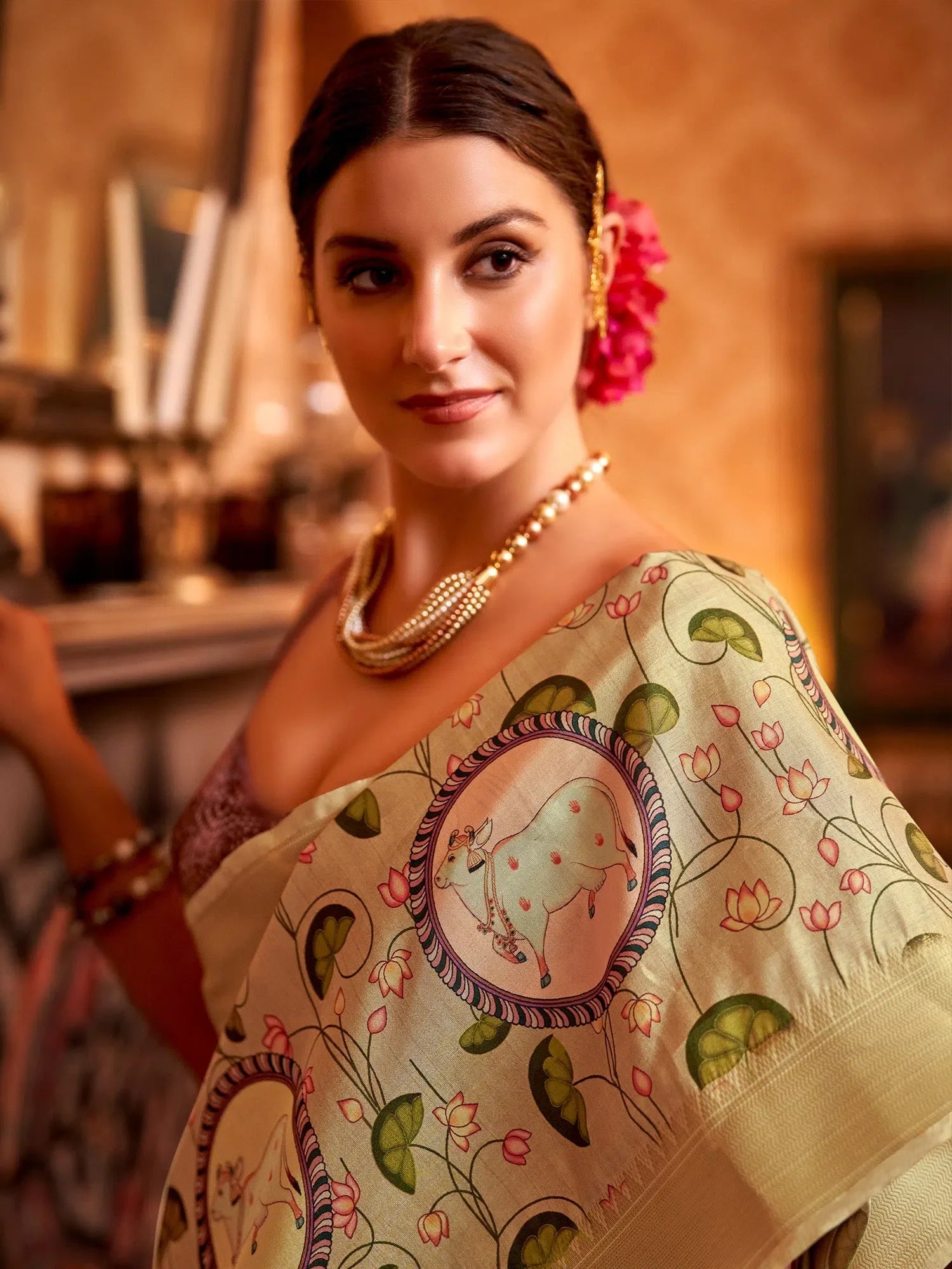 Elegant Beige Printed Polyester Saree | Designer Sarees India