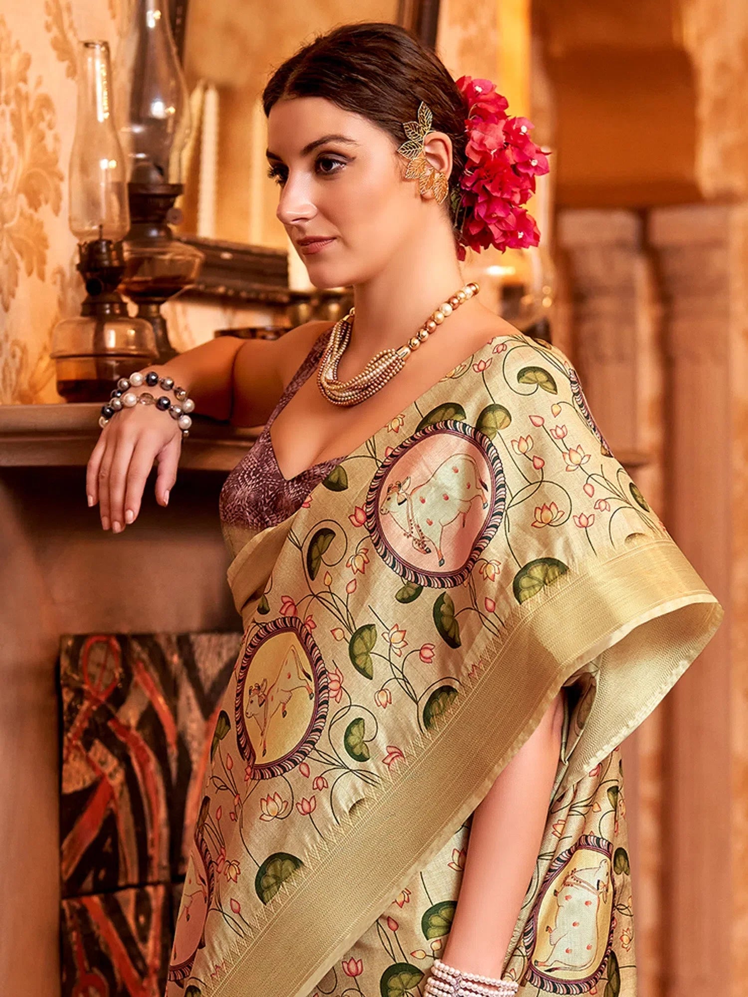 Elegant Beige Printed Polyester Saree | Designer Sarees India