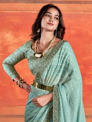 Women's Chiffon Sea Green Embellished Designer Saree With Blouse Piece-PIHU103