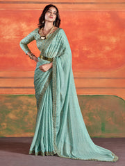Women's Chiffon Sea Green Embellished Designer Saree With Blouse Piece-PIHU103