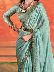 Women's Chiffon Sea Green Embellished Designer Saree With Blouse Piece-PIHU103