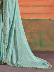 Women's Chiffon Sea Green Embellished Designer Saree With Blouse Piece-PIHU103