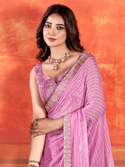 Women's Chiffon Pink Embellished Designer Saree With Blouse Piece-PIHU106