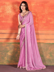 Women's Chiffon Pink Embellished Designer Saree With Blouse Piece-PIHU106