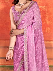 Women's Chiffon Pink Embellished Designer Saree With Blouse Piece-PIHU106