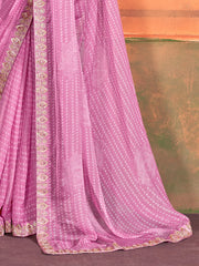 Women's Chiffon Pink Embellished Designer Saree With Blouse Piece-PIHU106