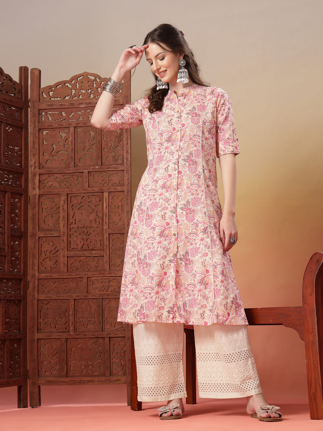 Women's Pink Floral Printed Rayon A-Line Kurta (PINKARMAF) | DesiQlo