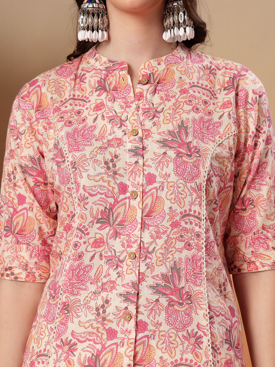 Women's Pink Floral Printed Rayon A-Line Kurta (PINKARMAF) | DesiQlo