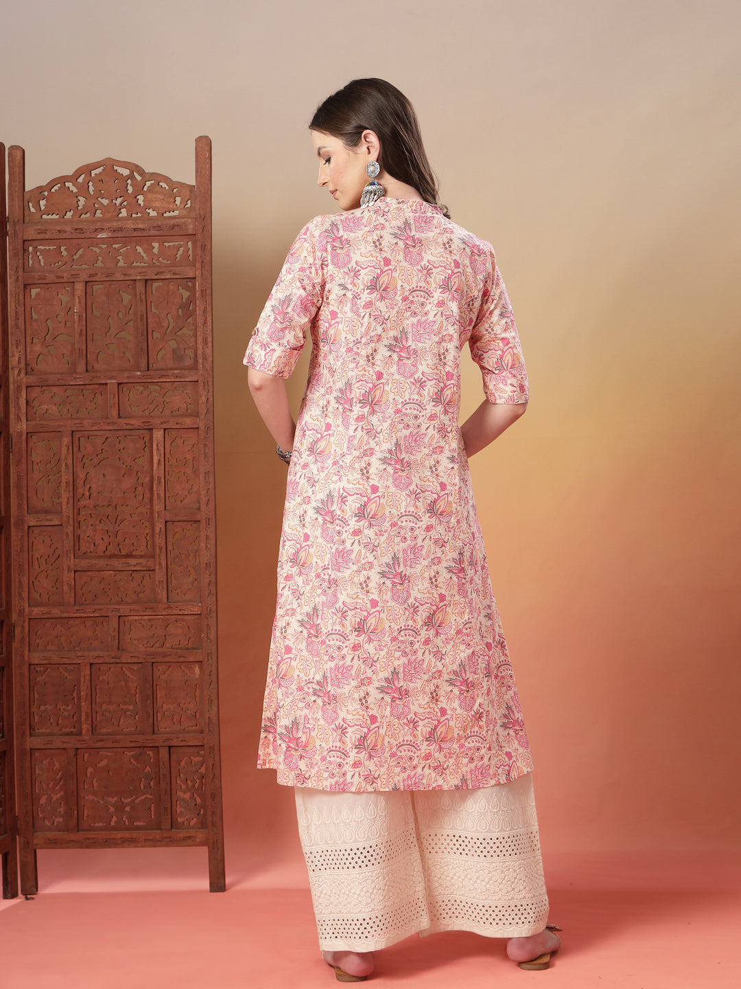 Women's Pink Floral Printed Rayon A-Line Kurta (PINKARMAF) | DesiQlo