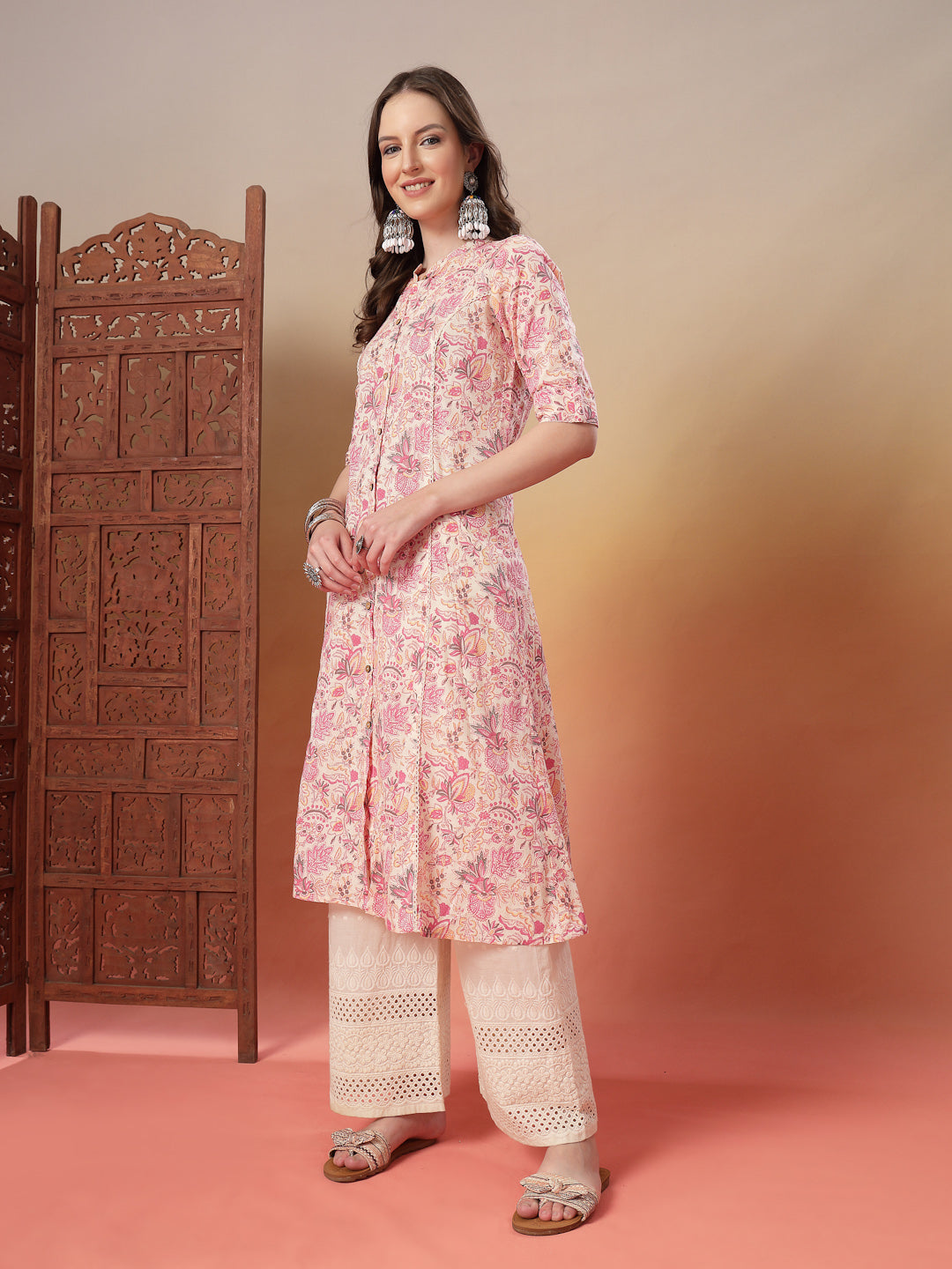 Women's Pink Floral Printed Rayon A-Line Kurta (PINKARMAF) | DesiQlo
