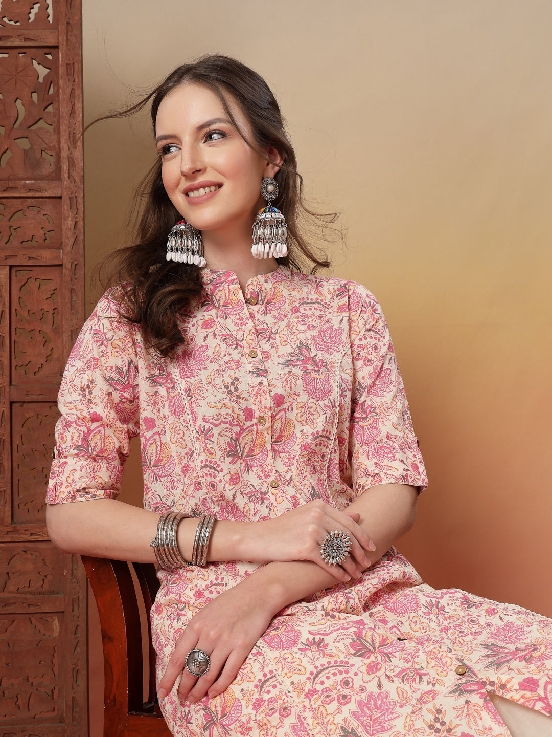 Women's Pink Floral Printed Rayon A-Line Kurta (PINKARMAF) | DesiQlo