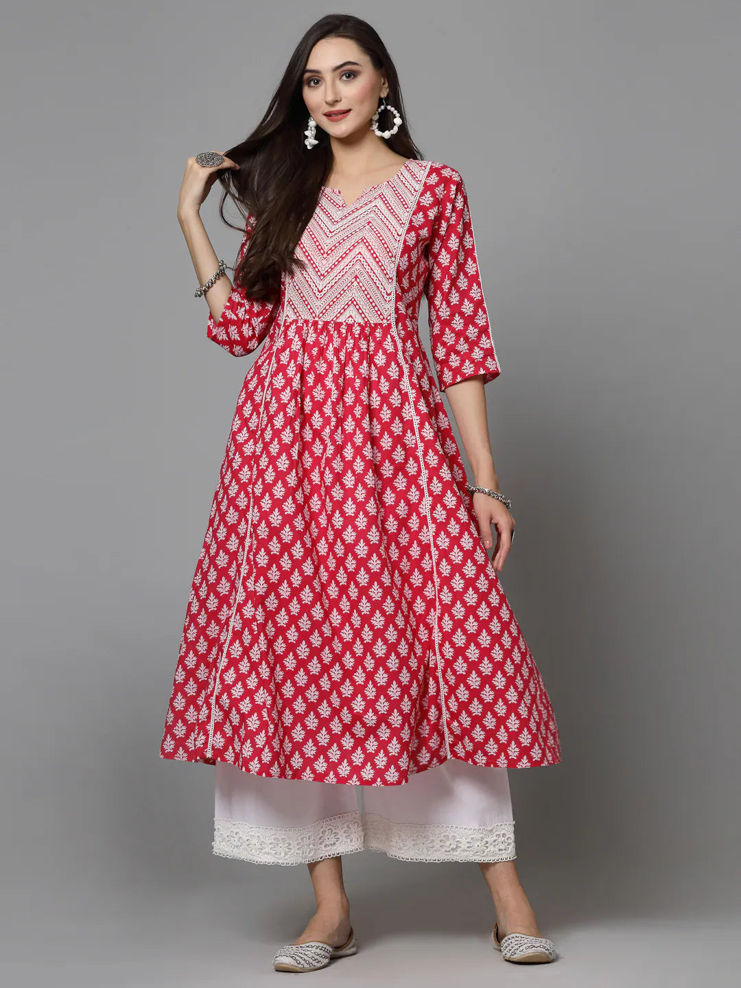 Women's Floral Printed Cotton A-Line Kurta-PINKFIZZ