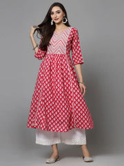 Women's Floral Printed Cotton A-Line Kurta-PINKFIZZ