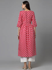 Women's Floral Printed Cotton A-Line Kurta-PINKFIZZ