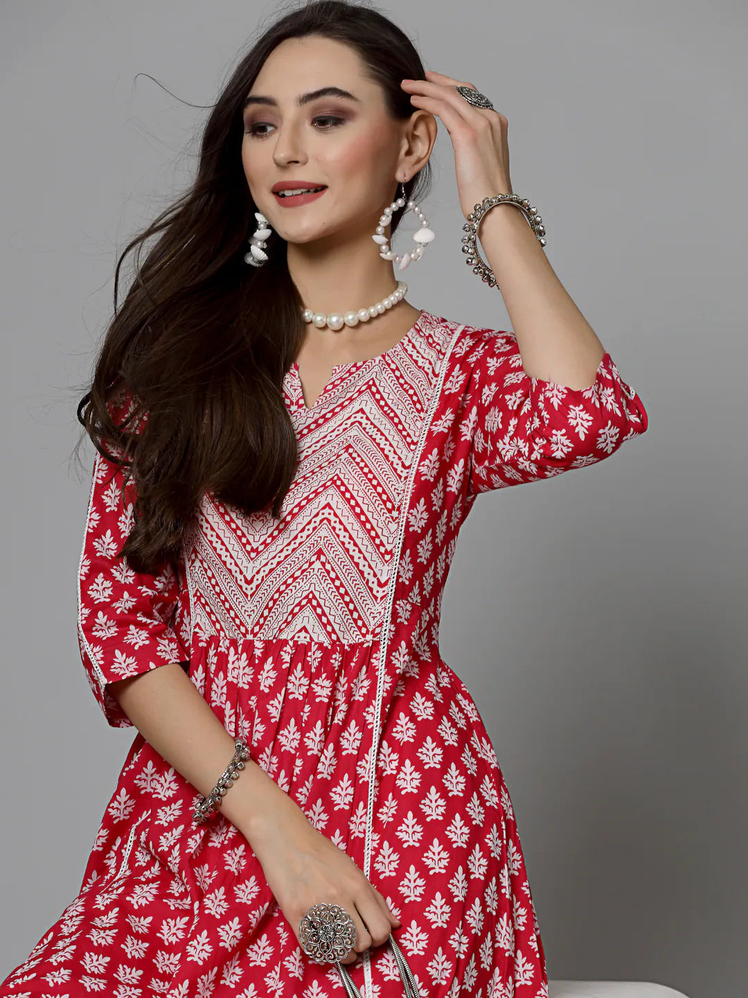 Floral Printed Cotton A-Line Kurta - Indian Kurtas for Women