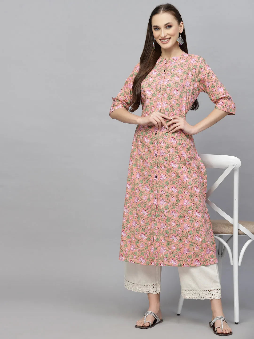 Women's Printed Cotton A-Line Kurta-PINKROSSY-S