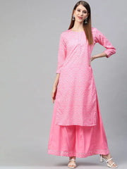 Women Crepe Pink Bandhani Printed Straight Kurta Palazzo Set