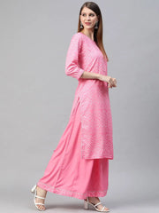 Women Crepe Pink Bandhani Printed Straight Kurta Palazzo Set