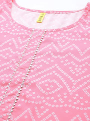 Women Crepe Pink Bandhani Printed Straight Kurta Palazzo Set