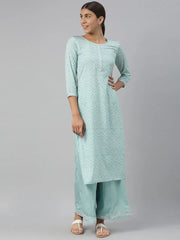 Women Crepe Blue Bandhani Printed Straight Kurta Palazzo Set