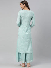 Women Crepe Blue Bandhani Printed Straight Kurta Palazzo Set
