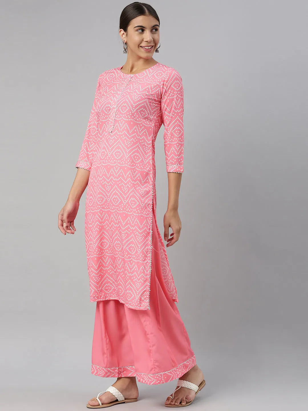 Pink Bandhani Kurta Palazzo Set - Indian Kurtis for Women