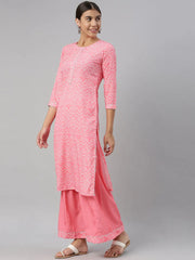 Women Crepe Pink Geometric Printed Straight Kurta Palazzo Set
